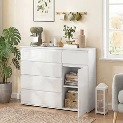 Cómoda con 5 Cajones Estantes Ajustables Puerta de Cierre Suave 100x40x80 cm Blanco Brillo - Ogal.Es