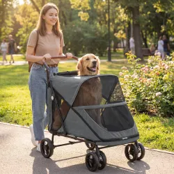 Carrito para Perros Plegable con un Botón hasta 30 kg con Suspensión en 4 Ruedas Giratorio y Freno de Pie Gris - Ogal.Es