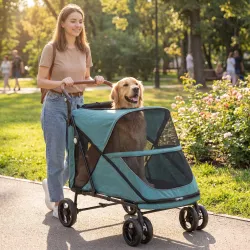Carrito para Perros Plegable con un Botón hasta 30 kg con Suspensión en 4 Ruedas Giratorio y Freno de Pie Turquesa - Ogal.Es