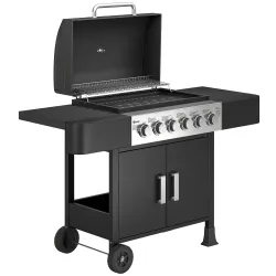 Barbacoa de Gas con 6 Quemadores Termómetro Parrilla Mesas Laterales Armario y Ruedas 135x51x101 cm Negro - Ogal.Es