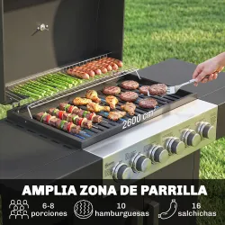 Barbacoa de Gas con 6 Quemadores Termómetro Parrilla Mesas Laterales Armario y Ruedas 135x51x101 cm Negro - Ogal.Es