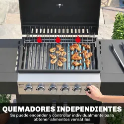 Barbacoa de Gas con 6 Quemadores Termómetro Parrilla Mesas Laterales Armario y Ruedas 135x51x101 cm Negro - Ogal.Es