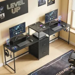Mesa Gaming Doble de 244 cm con Estación de Carga Puertos USB Soportes para Monitor Cajones de Tela Negro - Ogal.Es