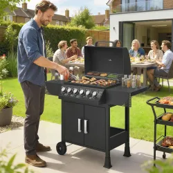 Barbacoa de Gas con 6 Quemadores 15 kW Termómetro Parrilla Mesas Laterales Armario y Ruedas 135x51x101 cm Negro - Ogal.Es