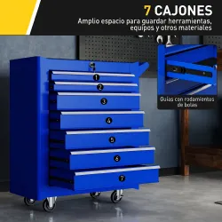 Carro de Herramientas con 7 Cajones Cerradura Asa 2 Ruedas con Freno de Bloqueo para Garaje Hogar Azul - Ogal.Es