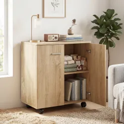Aparador de Salón conRuedas 2 Puertas y Estantes para Sala de Estar Dormitorio Oficina 60x35x65 cm Natural - Ogal.Es