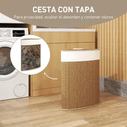 Cesto Ropa Sucia Bambú para Esquina 55L con Tapa y Asa Bolsa Extraíble Lavable 35x35x60 cm Marrón - Ogal.Es