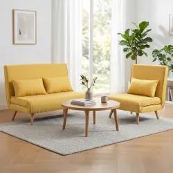 Sofá Cama de 2 Plazas Plegable Sofá Cama Tapizado en Lino con Respaldo Ajustable 5 Posiciones 2 Almohadas Amarillo - Ogal.Es