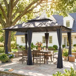 Cenador para Jardín 3x4 m Pabellón de Jardín Gazebo con Doble Techo 6 Paredes Laterales Estructura Metálica Gris - Ogal.Es