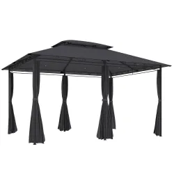 Cenador para Jardín 3x4 m Pabellón de Jardín Gazebo con Doble Techo 6 Paredes Laterales Estructura Metálica Gris - Ogal.Es