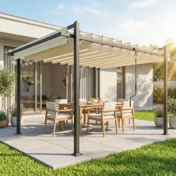 Pérgola de Jardín 3x3,8 m con Techo de Lamas Ajustable a 90° Manivela Estructura de Aluminio y Acero UPF50+ Beige - Ogal.Es