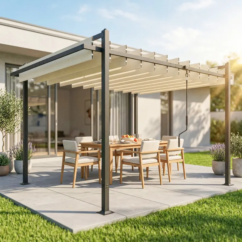 Pérgola de Jardín 3x3,8 m con Techo de Lamas Ajustable a 90° Manivela Estructura de Aluminio y Acero UPF50+ Beige - Ogal.Es