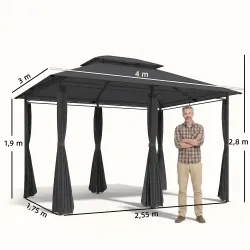 Cenador para Jardín 3x4 m Pabellón de Jardín Gazebo con Doble Techo 6 Paredes Laterales Estructura Metálica Gris - Ogal.Es