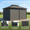 Cenador para Jardín 3x4 m Pabellón de Jardín Gazebo con Doble Techo 6 Paredes Laterales Estructura Metálica Gris - Ogal.Es