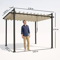 Pérgola de Jardín 3x3,8 m con Techo de Lamas Ajustable a 90° Manivela Estructura de Aluminio y Acero UPF50+ Beige - Ogal.Es