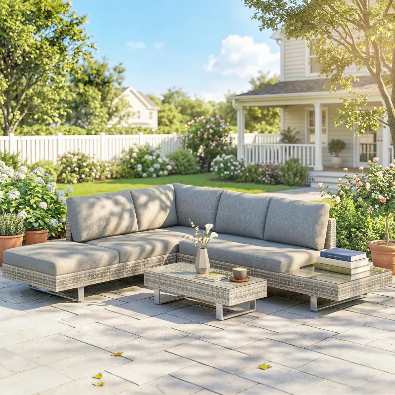 Conjunto de Jardín Exterior de Ratán de 3 Piezas con Sofá Modular de 3 y 2 Plazas Mesa Lateral Mesa de Centro Co... - Ogal.Es