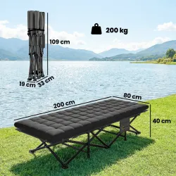 Cama Plegable Camping con Colchón Extraíble de Tela Oxford 600D con Reposacabezas y Bolsa Carga 200 kg Negro - Ogal.Es