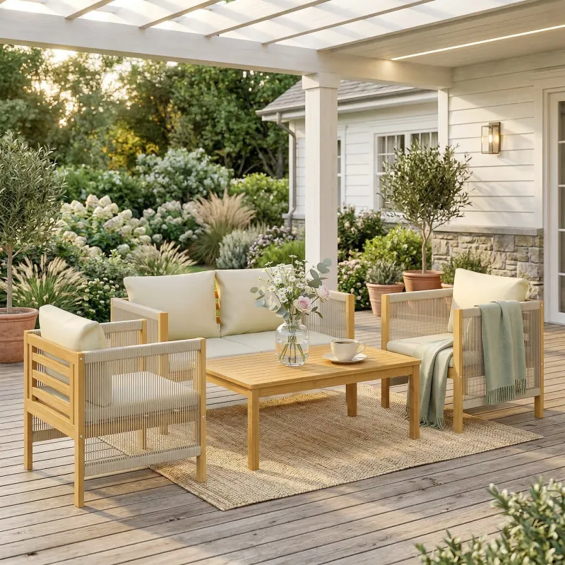 Conjunto de Muebles de Jardín de 4 Piezas con Sofá 2 Plazas 2 Sillones Mesa de Madera Cojines y Cuerda PP Beige - Ogal.Es