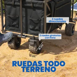 Carro de Jardín Plegable con Ruedas Grandes Bloqueables Barra Ajustable Portavasos para Campaña 125x59x133 cm Negro - Ogal.Es