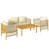 Conjunto de Muebles de Jardín de 4 Piezas con Sofá 2 Plazas 2 Sillones Mesa de Madera Cojines y Cuerda PP Beige - Ogal.Es