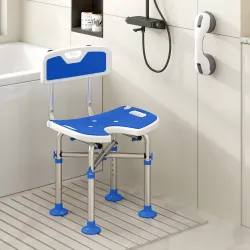 Silla Ducha Personas Mayores Antideslizante con Respaldo Altura Ajustable Soporte para Alcachofa Carga 150 kg Azul - Ogal.Es