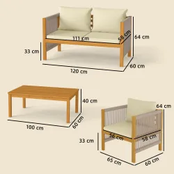 Conjunto de Muebles de Jardín de 4 Piezas con Sofá 2 Plazas 2 Sillones Mesa de Madera Cojines y Cuerda PP Beige - Ogal.Es