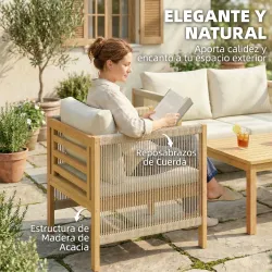 Conjunto de Muebles de Jardín de 4 Piezas con Sofá 2 Plazas 2 Sillones Mesa de Madera Cojines y Cuerda PP Beige - Ogal.Es