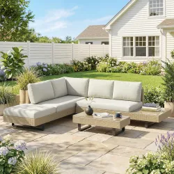 Conjunto de Jardín Exterior de Ratán de 3 Piezas con Sofá Modular de 3 y 2 Plazas Mesa Lateral Mesa de Centro Co... - Ogal.Es
