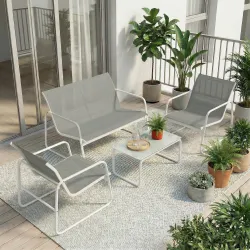 Conjunto Jardín Exterior de 4 Piezas con Sofá de 2 Plazas 2 Sillones Mesa de Vidrio Templado Tela Textilene Gris... - Ogal.Es