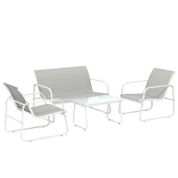 Conjunto Jardín Exterior de 4 Piezas con Sofá de 2 Plazas 2 Sillones Mesa de Vidrio Templado Tela Textilene Gris... - Ogal.Es