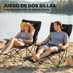 Conjunto de 2 Sillas Plegables Camping Reclinables con Reposapiés Desmontable Reposacabezas Portavasos y Bolsa N... - Ogal.Es