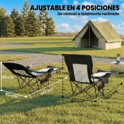 Conjunto de 2 Sillas Plegables Camping Reclinables con Reposapiés Desmontable Reposacabezas Portavasos y Bolsa N... - Ogal.Es
