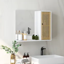 Espejo de Baño 60x50 cm Espejo de Pared con Puerta de Listones de Bambú Estantes de Almacenaje Blanco y Natural - Ogal.Es