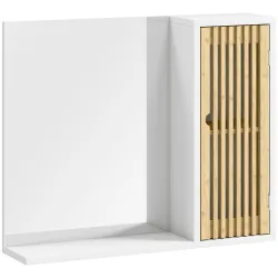 Espejo de Baño 60x50 cm Espejo de Pared con Puerta de Listones de Bambú Estantes de Almacenaje Blanco y Natural - Ogal.Es