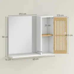 Espejo de Baño 60x50 cm Espejo de Pared con Puerta de Listones de Bambú Estantes de Almacenaje Blanco y Natural - Ogal.Es