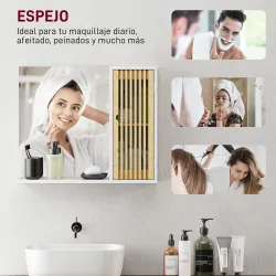 Espejo de Baño 60x50 cm Espejo de Pared con Puerta de Listones de Bambú Estantes de Almacenaje Blanco y Natural - Ogal.Es