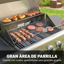 Barbacoa de Gas con 4 Quemadores 12,8 kW Termómetro Parrillas de Hierro Fundido Mesas Laterales Armario y Ruedas... - Ogal.Es