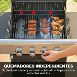 Barbacoa de Gas con 4 Quemadores 12,8 kW Termómetro Parrillas de Hierro Fundido Mesas Laterales Armario y Ruedas... - Ogal.Es