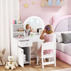 Tocador de Maquillaje Niña Tocador Infantil con Taburete y Espejo con Luces LED 1 Cajón Armario y 5 Estantes Blanco - Ogal.Es