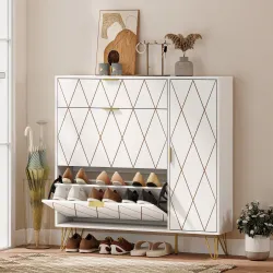 Mueble Zapatero Moderno con 2 Cajones Abatibles Armario y Estantes Ajustables para 10-14 Pares de Zapatos Blanco - Ogal.Es
