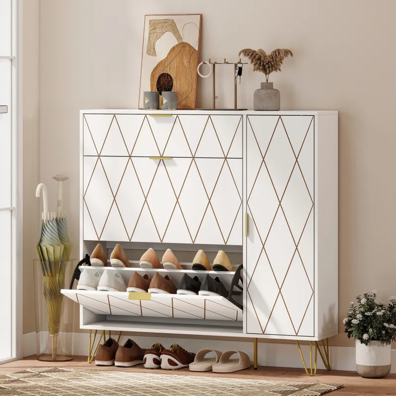 Mueble Zapatero Moderno con 2 Cajones Abatibles Armario y Estantes Ajustables para 10-14 Pares de Zapatos Blanco - Ogal.Es