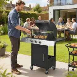 Barbacoa de Gas con 3 Quemadores 8,1 kW Termómetro Parrillas Mesas Laterales Armario y Ruedas 109x50x109 cm Negro - Ogal.Es