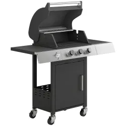 Barbacoa de Gas con 3 Quemadores 8,1 kW Termómetro Parrillas Mesas Laterales Armario y Ruedas 109x50x109 cm Negro - Ogal.Es