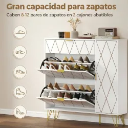 Mueble Zapatero Moderno con 2 Cajones Abatibles Armario y Estantes Ajustables para 10-14 Pares de Zapatos Blanco - Ogal.Es