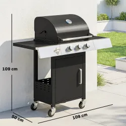 Barbacoa de Gas con 3 Quemadores 8,1 kW Termómetro Parrillas Mesas Laterales Armario y Ruedas 109x50x109 cm Negro - Ogal.Es