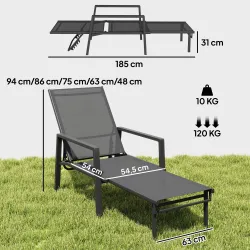 Tumbona Plegable con Reposapiés Retráctil Respaldo Ajustable 5 Niveles Tela de Textilene Marco Acero Gris Oscuro - Ogal.Es