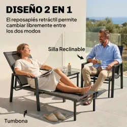 Tumbona Plegable con Reposapiés Retráctil Respaldo Ajustable 5 Niveles Tela de Textilene Marco Acero Gris Oscuro - Ogal.Es
