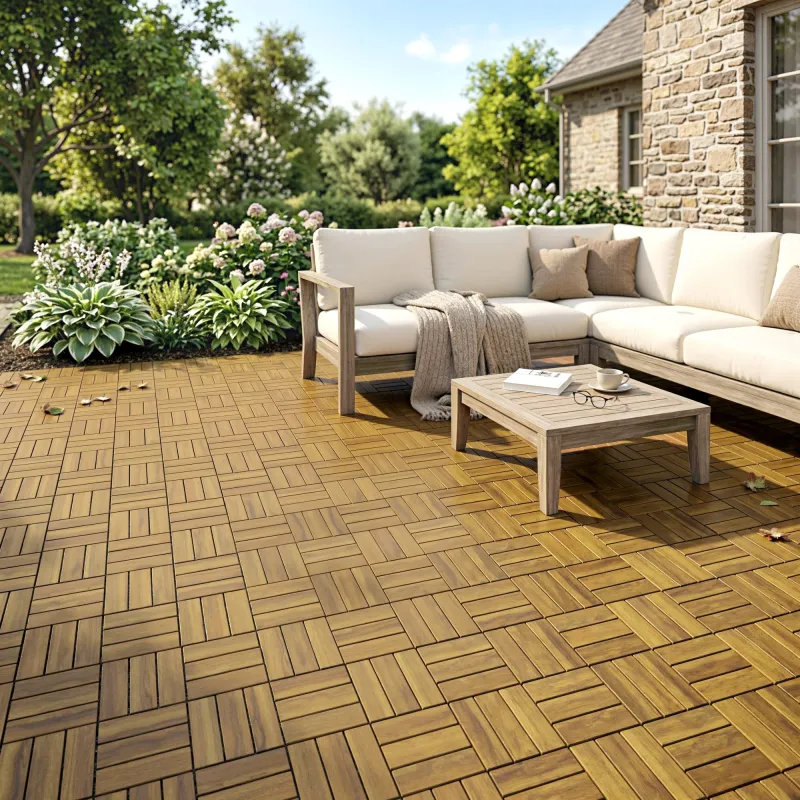 Set de 10 Piezas Baldosas de Exterior de Madera 31x31 cm 0,91 m² Suelo de Jardín Exterior Antideslizantes Natural - Ogal.Es