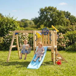 Columpio y Tobogán Infantil Exterior de Madera con Volante Telescopio para Niños de 18-48 Meses Madera Natural - Ogal.Es