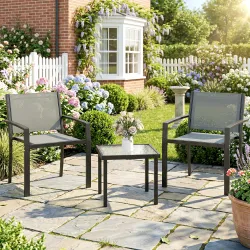 Conjunto de Mesa y Sillas de Terraza Exterior 3 Piezas con 2 Sillas de Textilene Mesa de Vidrio Templado Gris Claro - Ogal.Es